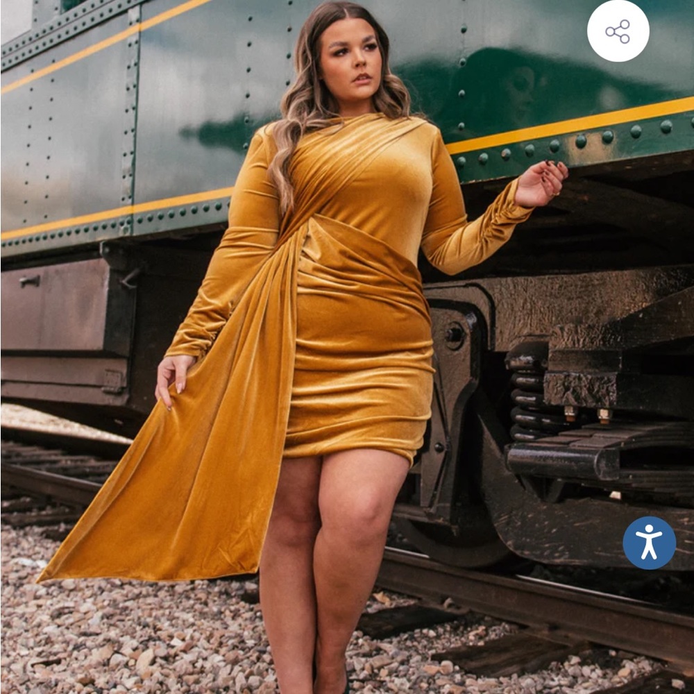 JessaKae Mustard Gold Velvet Draped Mini Dress